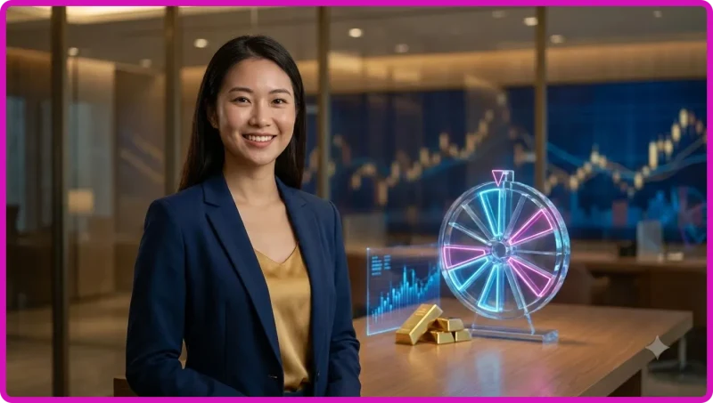 Ảnh minh họa cuộn slot machine đang quay với hiệu ứng vàng gold và ánh sáng neon