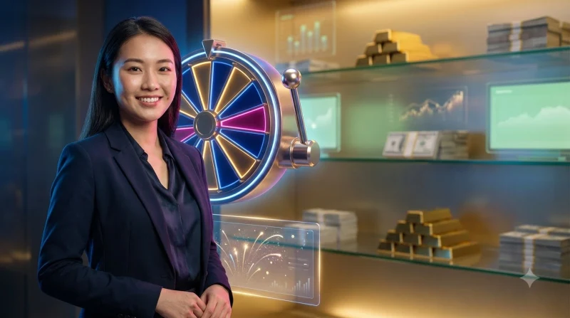 Ảnh minh họa cuộn slot machine đang quay với hiệu ứng vàng gold và ánh sáng neon