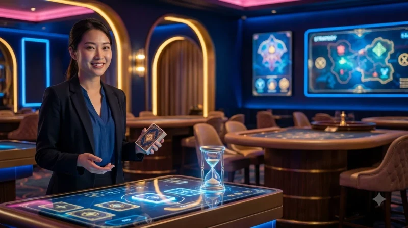 Bàn poker với lá bài và chip bài trên nền tối sang trọng, thể hiện khoảnh khắc ra quyết định