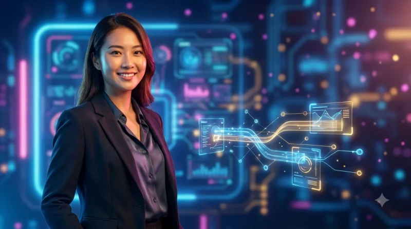 Hình ảnh minh họa khái niệm nền tảng trực tuyến với biểu tượng bảo mật và màn hình holographic.