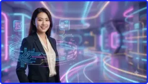 Hình ảnh minh họa khái niệm nền tảng trực tuyến với biểu tượng bảo mật và màn hình holographic.