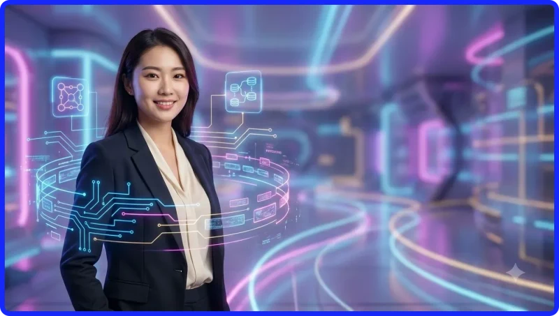 Hình ảnh minh họa khái niệm nền tảng trực tuyến với biểu tượng bảo mật và màn hình holographic.