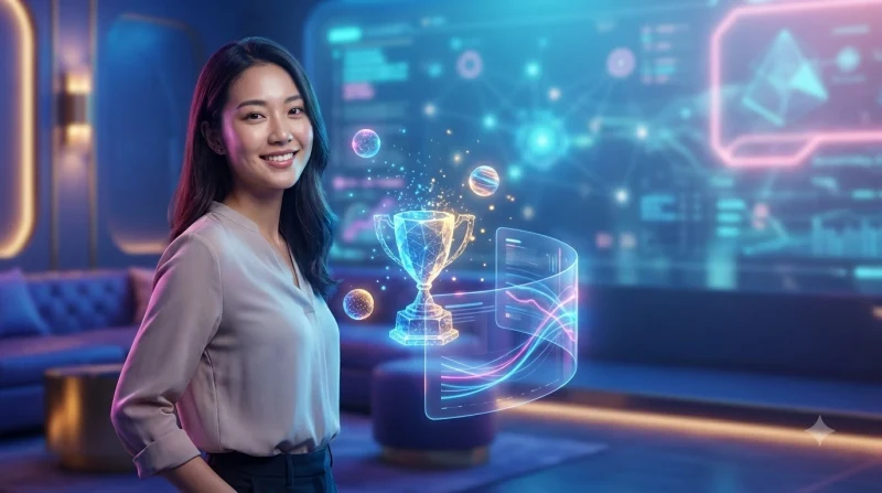 Minh họa trải nghiệm chơi game trực tuyến trên nền tảng cao cấp với giao diện holographic