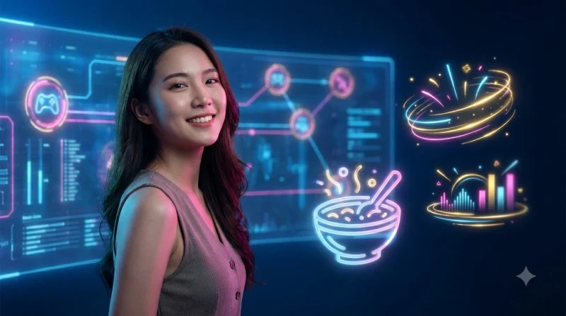 Tổng quan thị trường game trực tuyến với nhiều màn hình holographic hiển thị dữ liệu